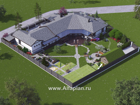 Проекты домов Альфаплан - «Модуль» — проект одноэтажного дома, со спортзалом и сауной, с бассейном и гостевой квартирой - превью дополнительного изображения №2