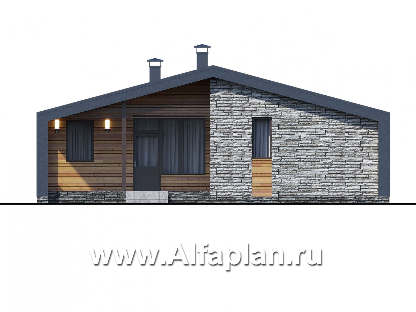 «Альфа» - проект одноэтажного каркасного дома, с сауной и с террасой, в стиле барнхаус - фасад дома