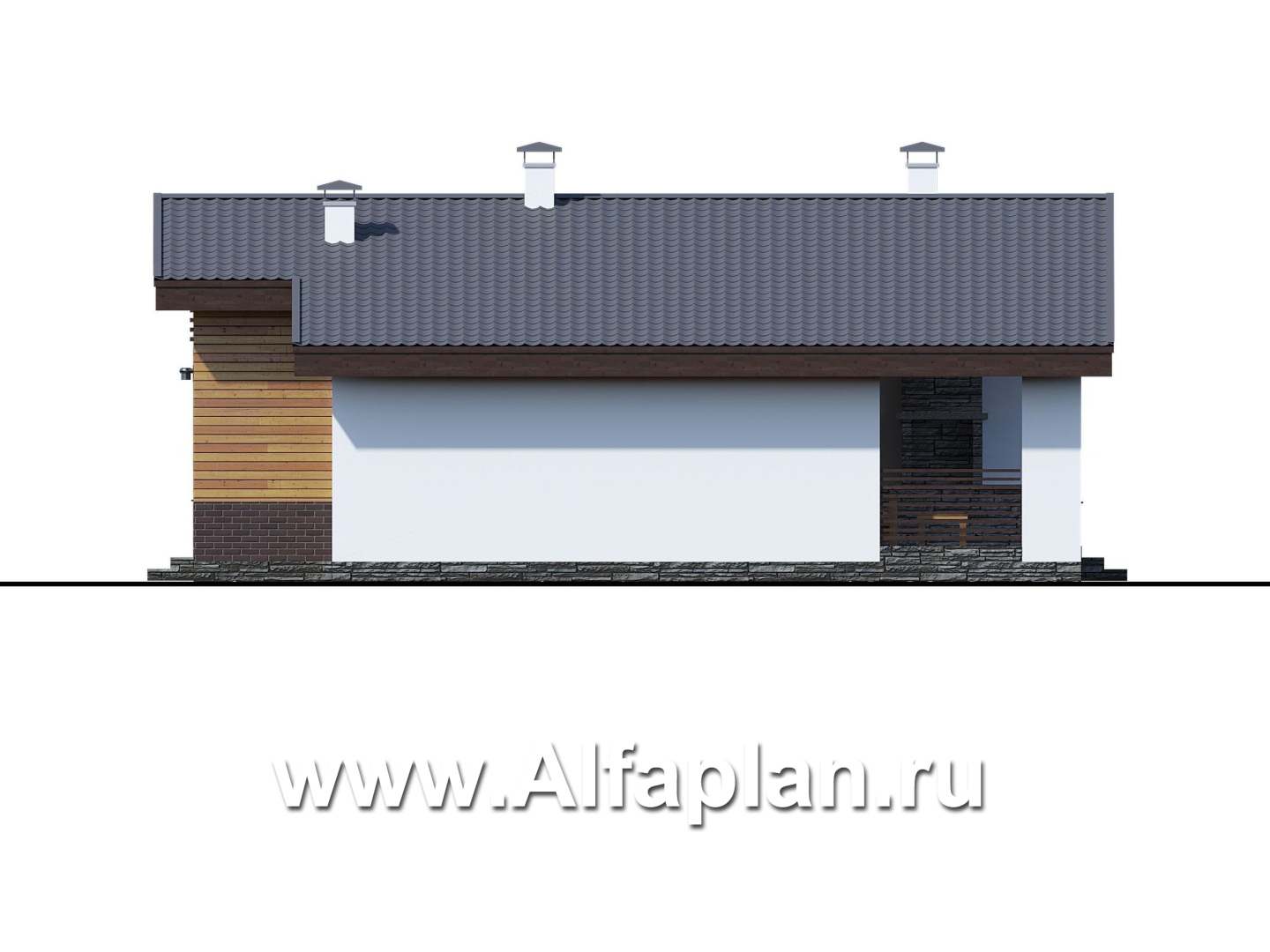 «Альфа» - проект красивого одноэтажного дома, с сауной и с террасой в скандинавском стиле - фасад дома