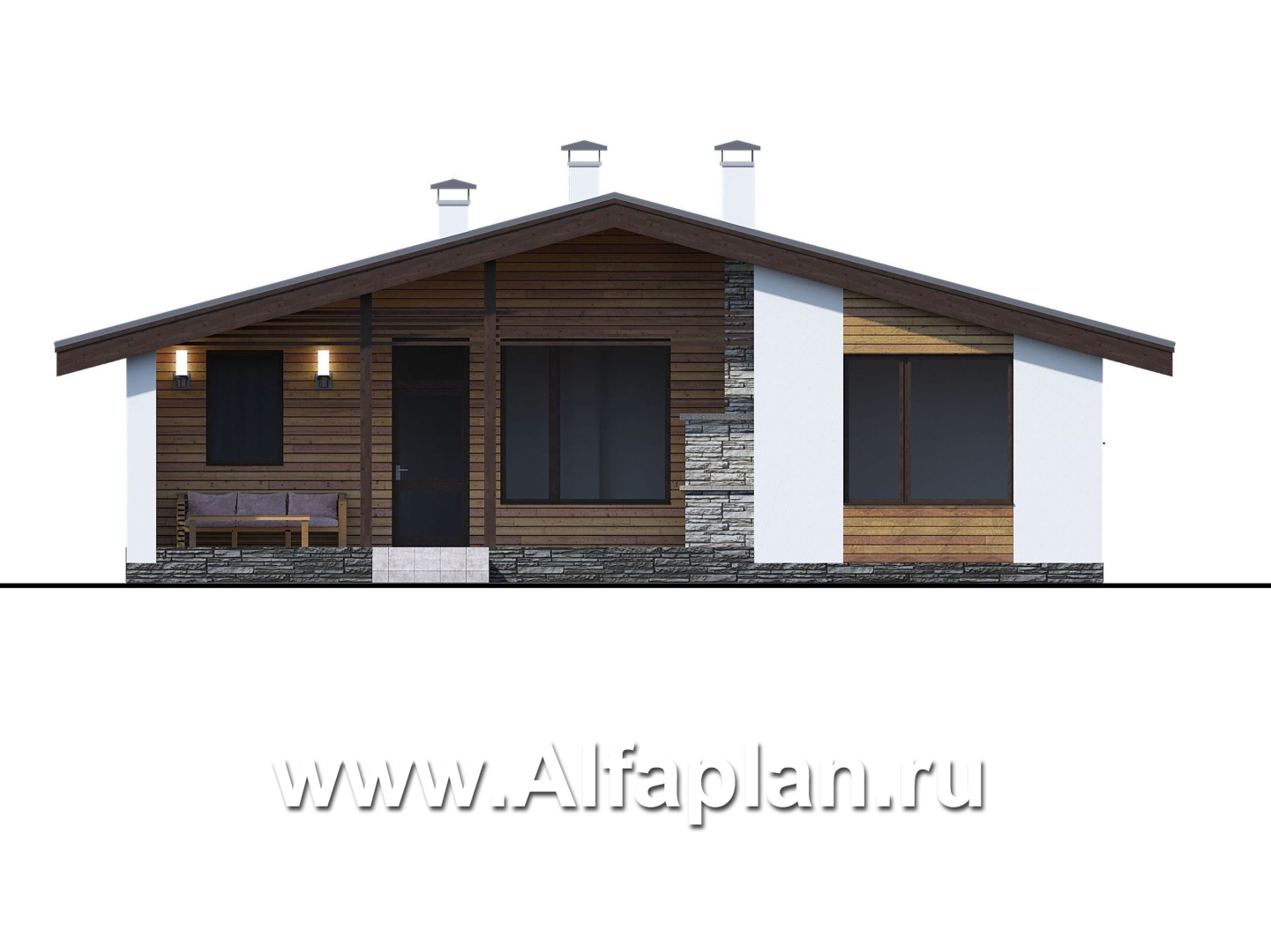 «Альфа» - проект красивого одноэтажного дома, с сауной и с террасой в скандинавском стиле - фасад дома