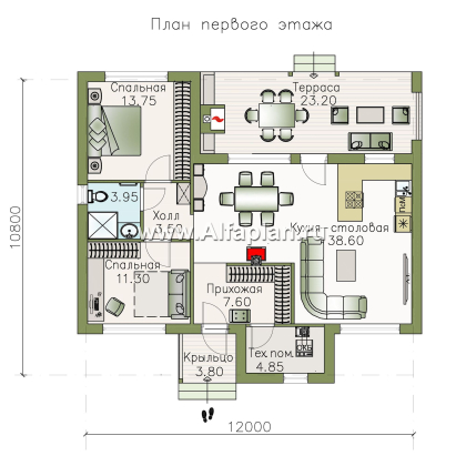 «Альфа» - проект красивого одноэтажного дома, с сауной и с террасой в скандинавском стиле - превью план дома