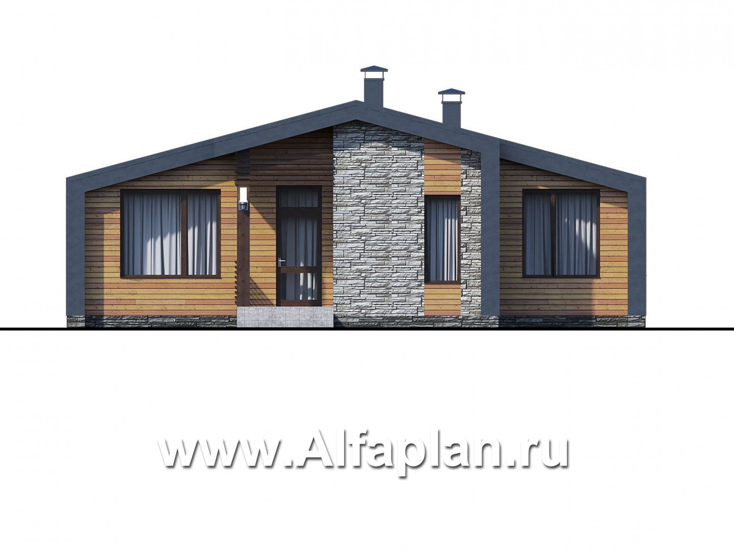 Проекты домов Альфаплан - «Альфа» - проект одноэтажного каркасного дома, с сауной и с террасой - изображение фасада №1