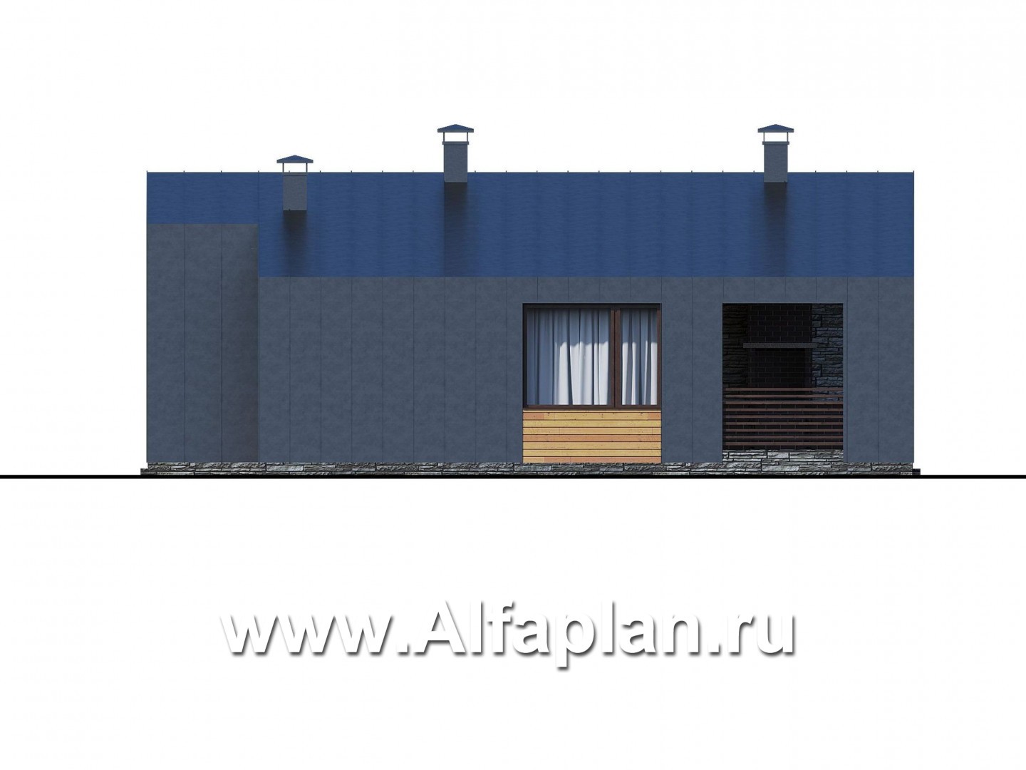 Проекты домов Альфаплан - «Альфа» - проект одноэтажного каркасного дома, с сауной и с террасой - изображение фасада №2