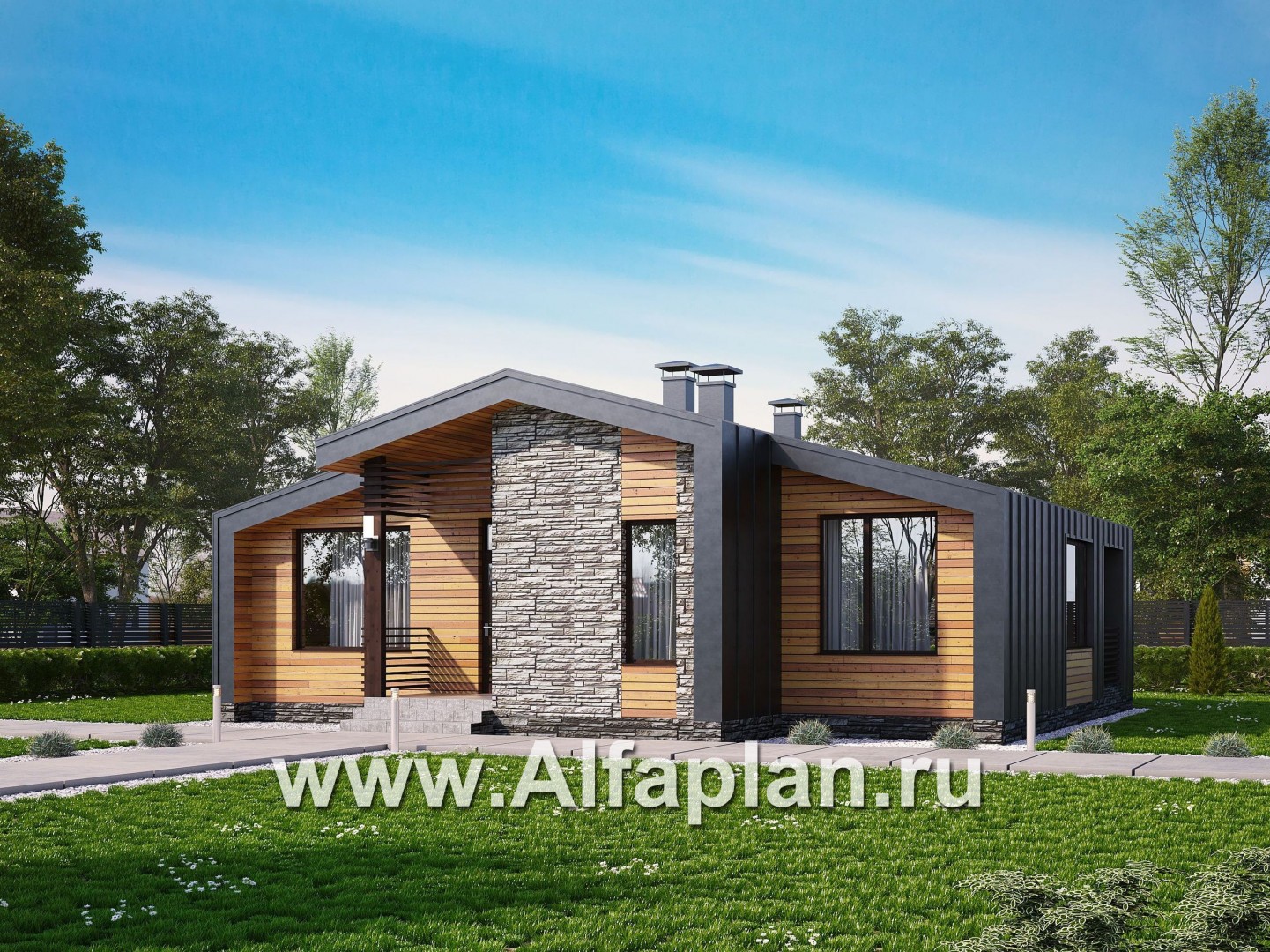 Проекты домов Альфаплан - «Альфа» - проект одноэтажного каркасного дома, с сауной и с террасой - основное изображение