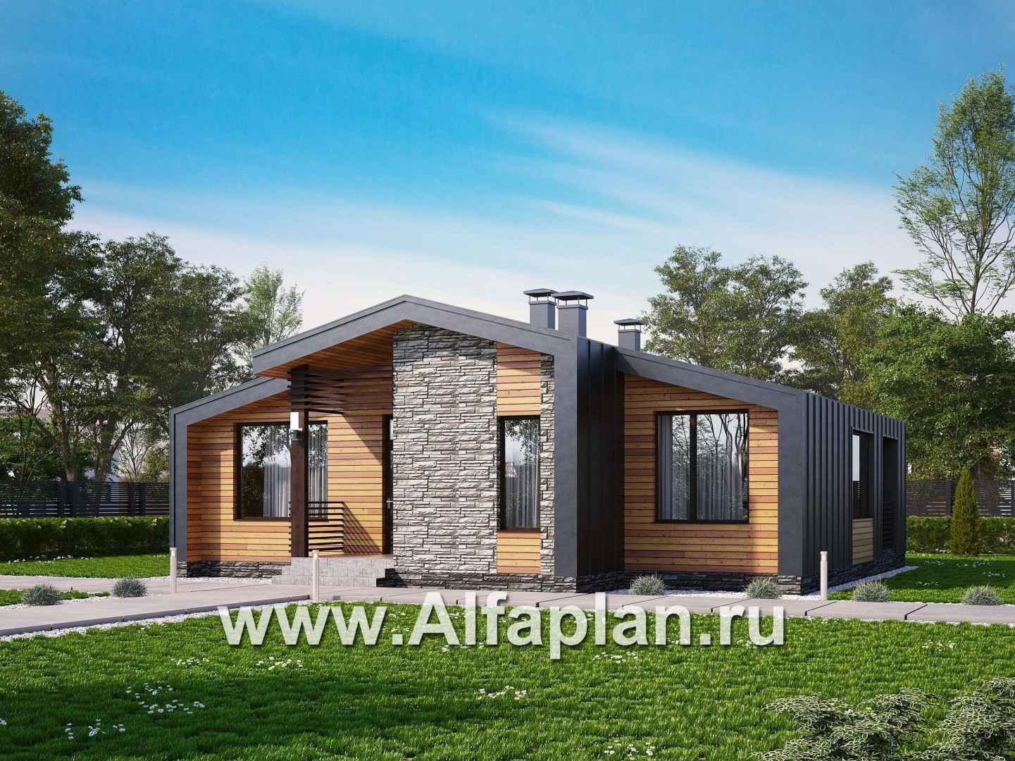 Проекты домов Альфаплан - «Альфа» - проект одноэтажного каркасного дома, с сауной и с террасой - основное изображение