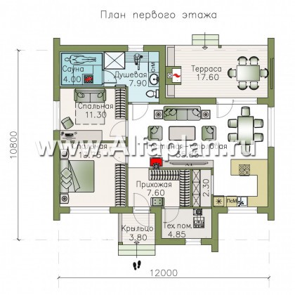 Проекты домов Альфаплан - «Альфа» - проект одноэтажного каркасного дома, с сауной и с террасой - превью плана проекта №1