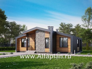 Проекты домов Альфаплан - «Альфа» - проект одноэтажного каркасного дома, с сауной и с террасой - превью основного изображения