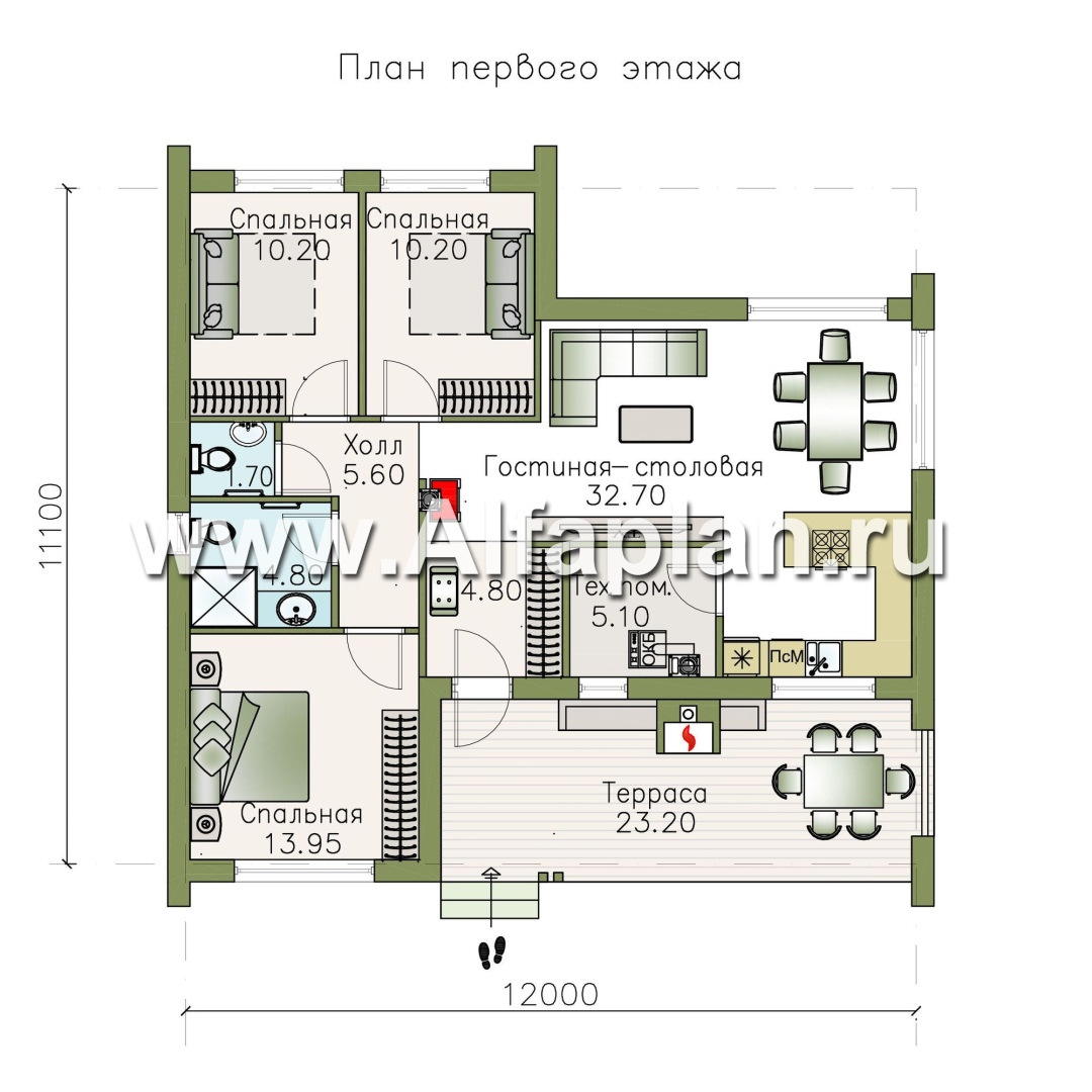 «Эпсилон» - проект одноэтажного каркасного дома с террасой со стороны входа - план дома