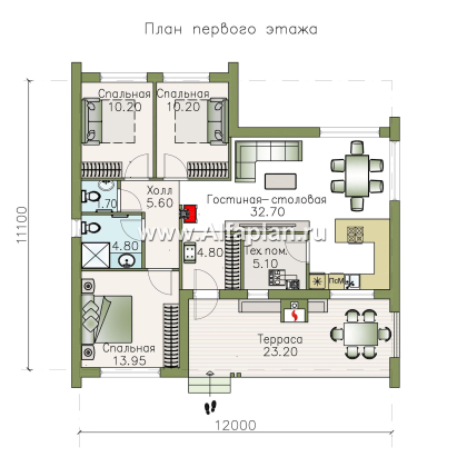 «Эпсилон» - проект одноэтажного каркасного дома с террасой со стороны входа - превью план дома