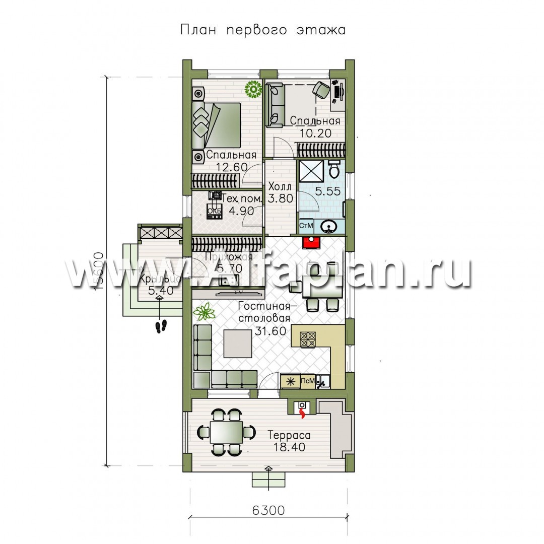 Проекты домов Альфаплан - «Тета» - одноэтажный дом с фальцевыми фасадами и кровлей - план проекта №1