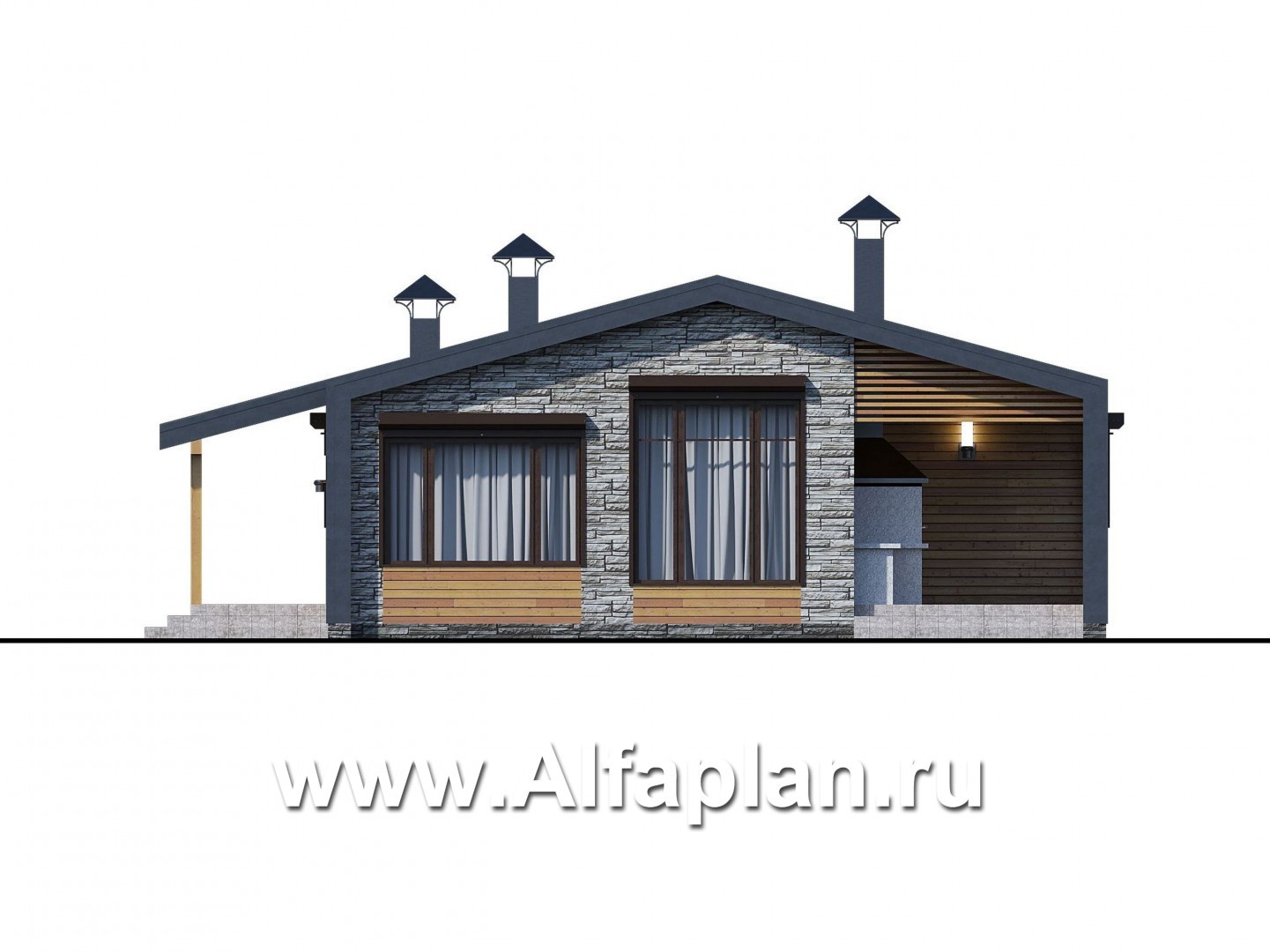 Проекты домов Альфаплан - «Йота» -  проект одноэтажного домав стиле барн, с сауной, с террасой сбоку, 2 спальни - изображение фасада №1