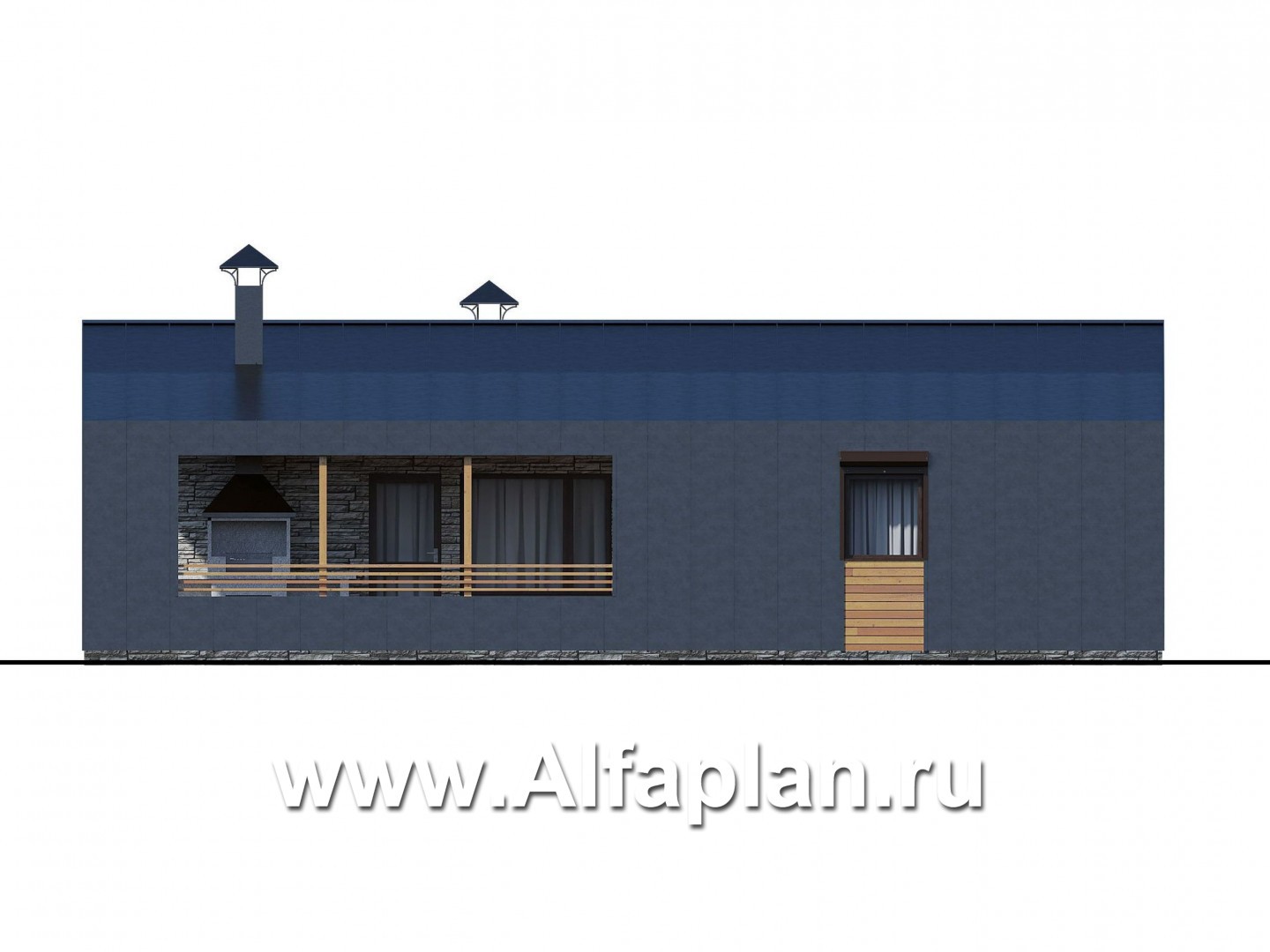 Проекты домов Альфаплан - «Йота» -  проект одноэтажного домав стиле барн, с сауной, с террасой сбоку, 2 спальни - изображение фасада №2