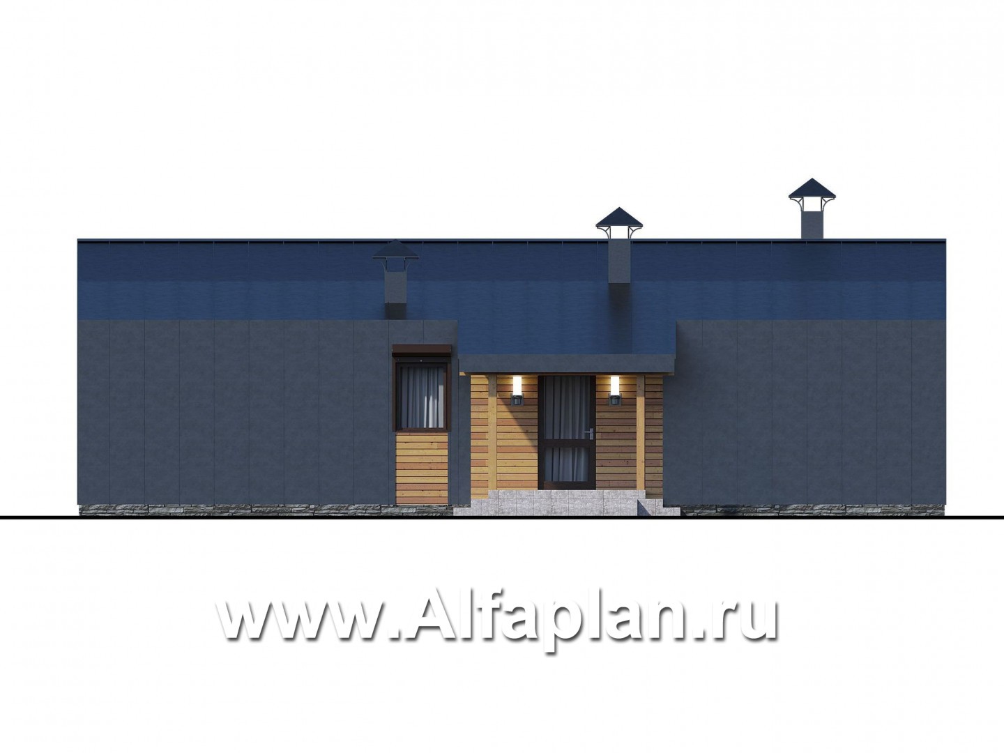 Проекты домов Альфаплан - «Йота» -  проект одноэтажного домав стиле барн, с сауной, с террасой сбоку, 2 спальни - изображение фасада №3
