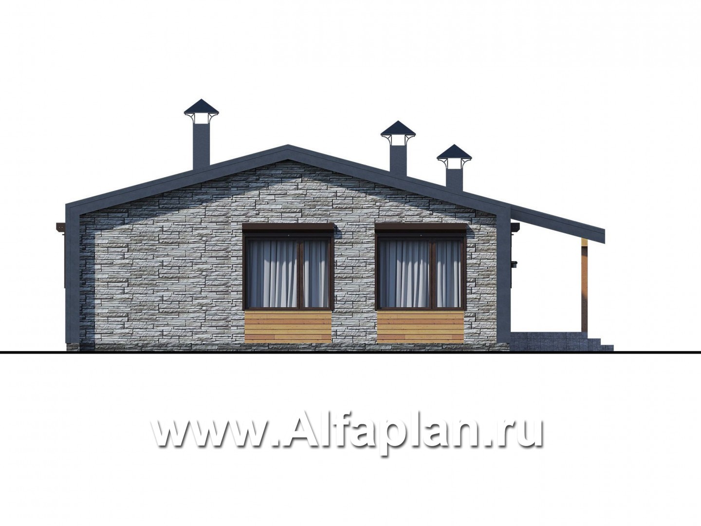 Проекты домов Альфаплан - «Йота» -  проект одноэтажного домав стиле барн, с сауной, с террасой сбоку, 2 спальни - изображение фасада №4