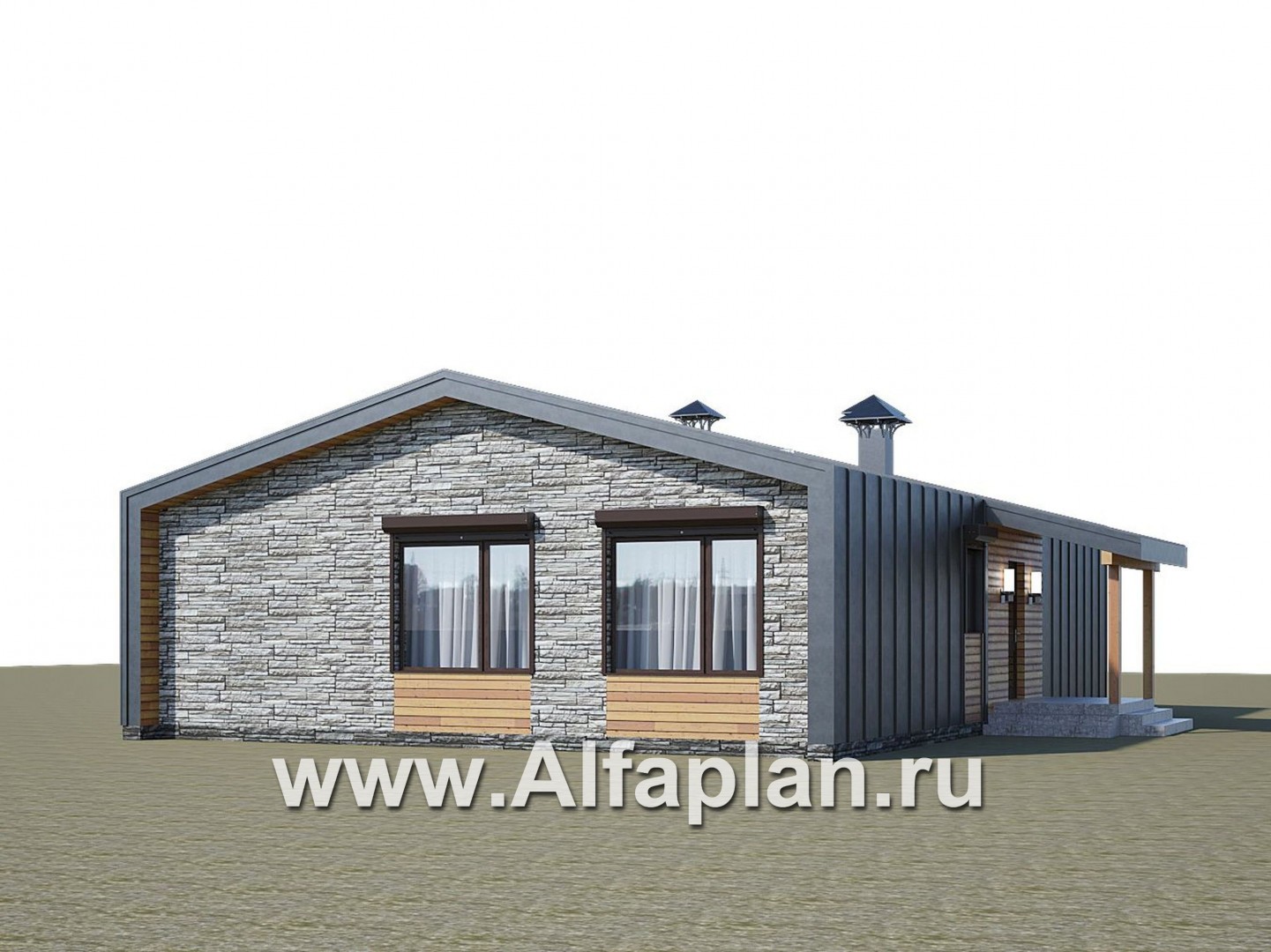 Проекты домов Альфаплан - «Йота» -  проект одноэтажного домав стиле барн, с сауной, с террасой сбоку, 2 спальни - дополнительное изображение №2