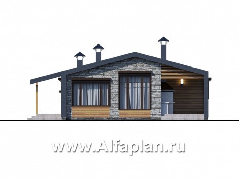 Проекты домов Альфаплан - «Йота» -  проект одноэтажного домав стиле барн, с сауной, с террасой сбоку, 2 спальни - превью фасада №1