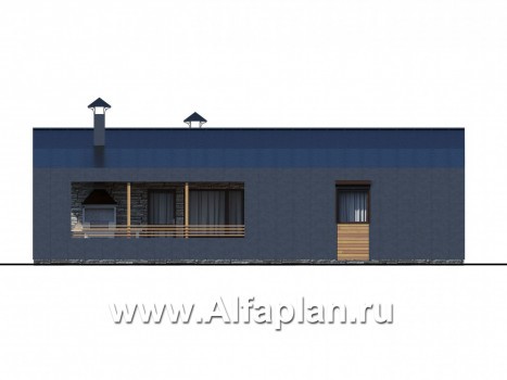 Проекты домов Альфаплан - «Йота» -  проект одноэтажного домав стиле барн, с сауной, с террасой сбоку, 2 спальни - превью фасада №2