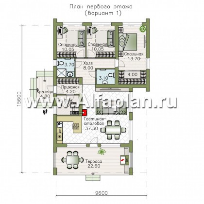 «Каппа» -  проект одноэтажного дома, с террасой, в стиле барн, 3 спальни или 2 спальни и сауна - превью план дома