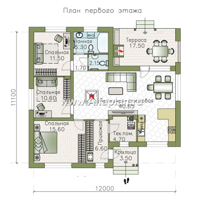 «Калисто» - проект одноэтажного дома из газобетона,  в скандинавском стиле, с террасой и с островным камином - превью план дома