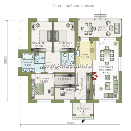 Проекты домов Альфаплан - «Покровка» - стильный одноэтажный коттедж - превью плана проекта №1