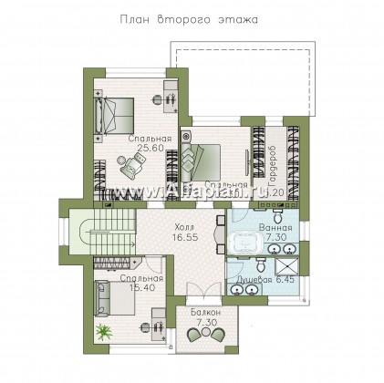 «Формула успеха» - красивый проект двухэтажного дома, из газобетона, в современном стиле с угловыми окнами - превью план дома