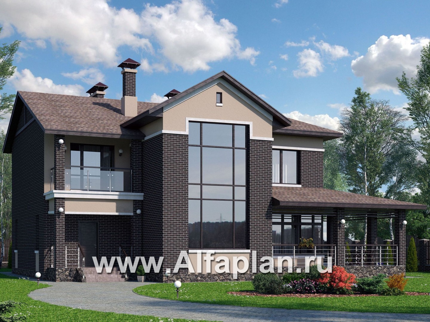 Проекты домов Альфаплан - «Голицын» — особняк с двусветной гостиной и сауной - основное изображение