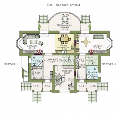 Проекты домов Альфаплан - «Родное сердце» - дом с цокольным этажом на две семьи для детей и родителей - превью плана проекта №2
