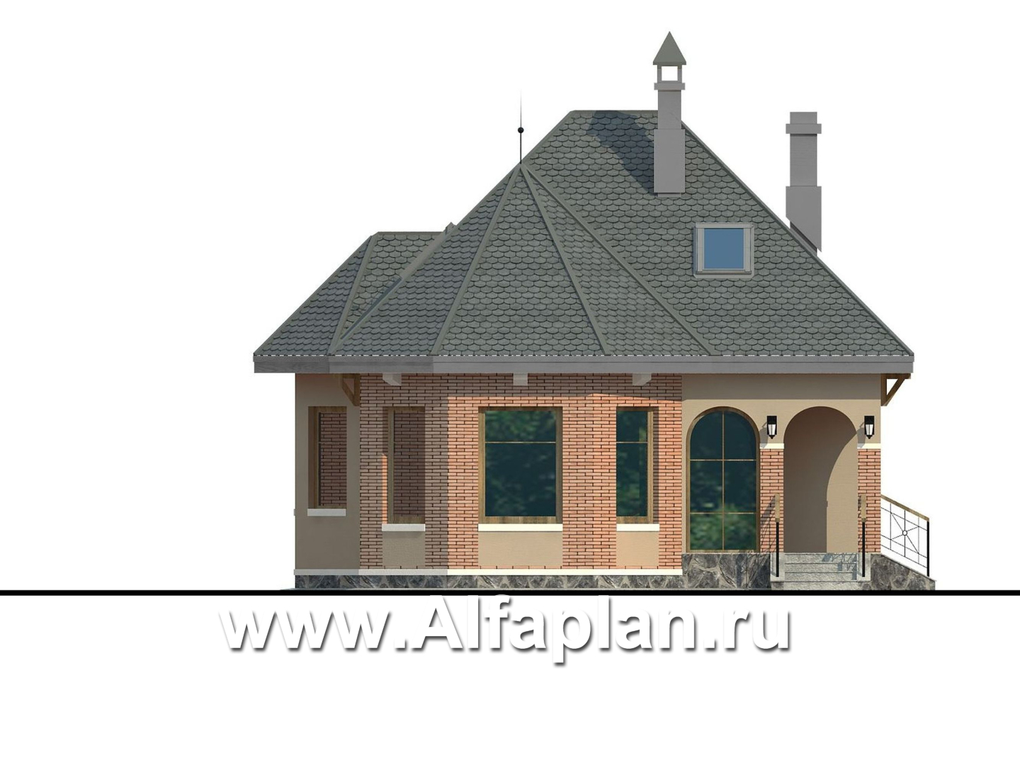 Проекты домов Альфаплан - «Душечка» - проект дома с мансардой, планировка со вторым светом в гостиной, с террасой - изображение фасада №1