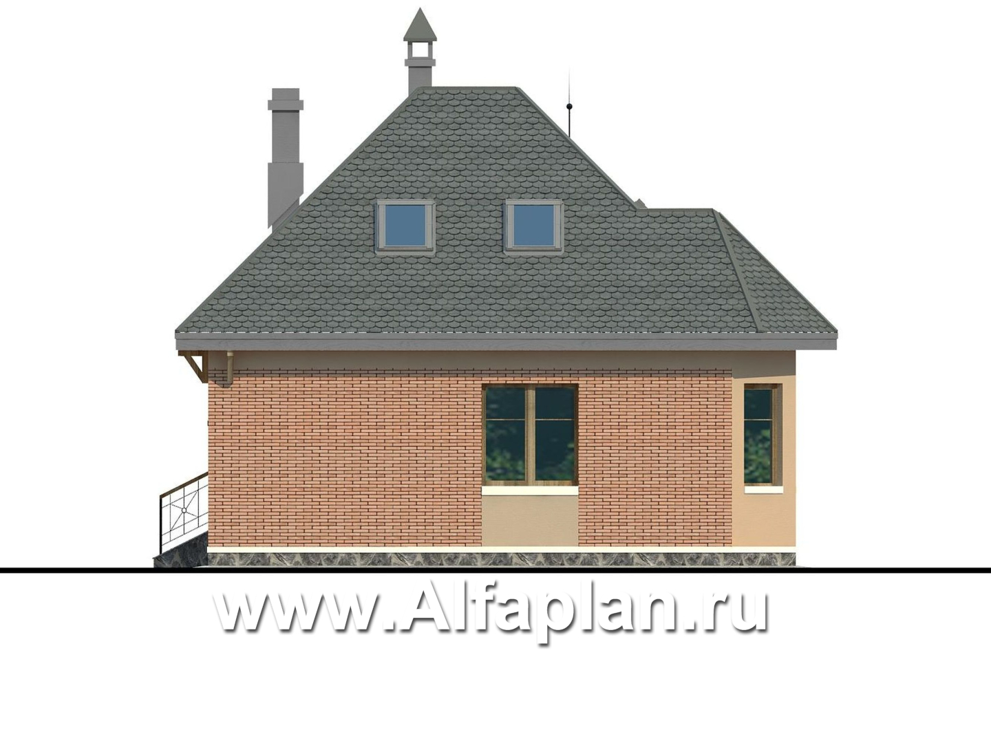 Проекты домов Альфаплан - «Душечка» - проект дома с мансардой, планировка со вторым светом в гостиной, с террасой - изображение фасада №4