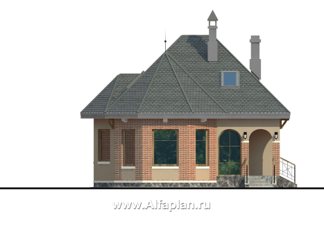 Проекты домов Альфаплан - «Душечка» - проект дома с мансардой, планировка со вторым светом в гостиной, с террасой - превью фасада №1