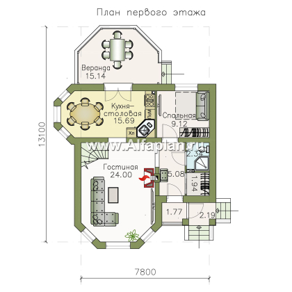 Проекты домов Альфаплан - «Душечка» - проект дома с мансардой, планировка со вторым светом в гостиной, с террасой - превью плана проекта №1