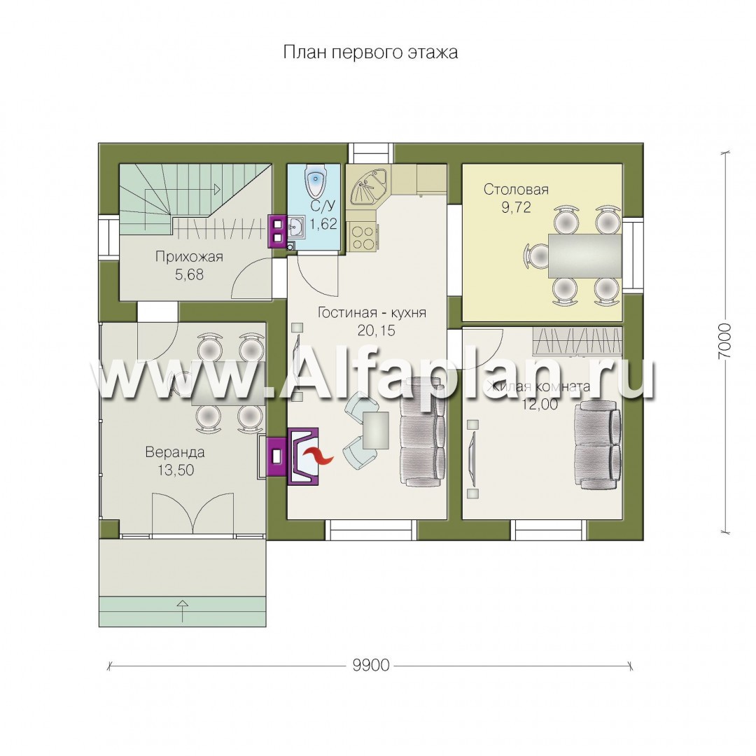 Проекты домов Альфаплан - «Замечательный сосед» - небольшой дом с верандой и студией в мансарде - план проекта №1