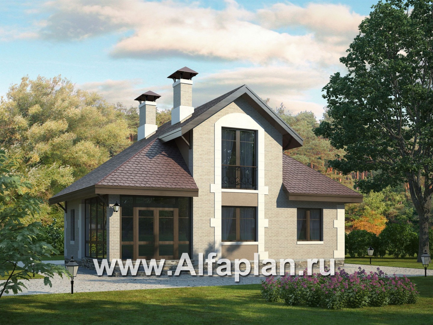 Проекты домов Альфаплан - «Замечательный сосед» - проект дома с мансардой, с остекленной террасой - основное изображение