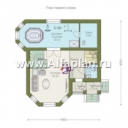 Проект бани со спортзалом, гостиной и биллиардной в мансарде - превью план дома