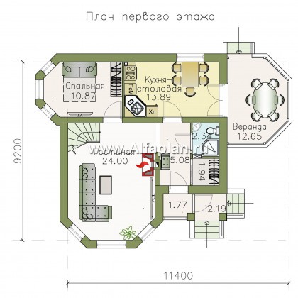 «Душечка» - проект дома с мансардой, планировка со вторым светом в гостиной, с террасой сбоку - превью план дома