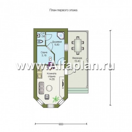 Проект бани из газобетона, с эркером и с террасой - превью план дома
