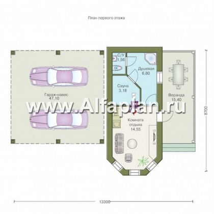 Проект бани из газобетона, с эркером и с террасой, с навесом на 2 авто - превью план дома