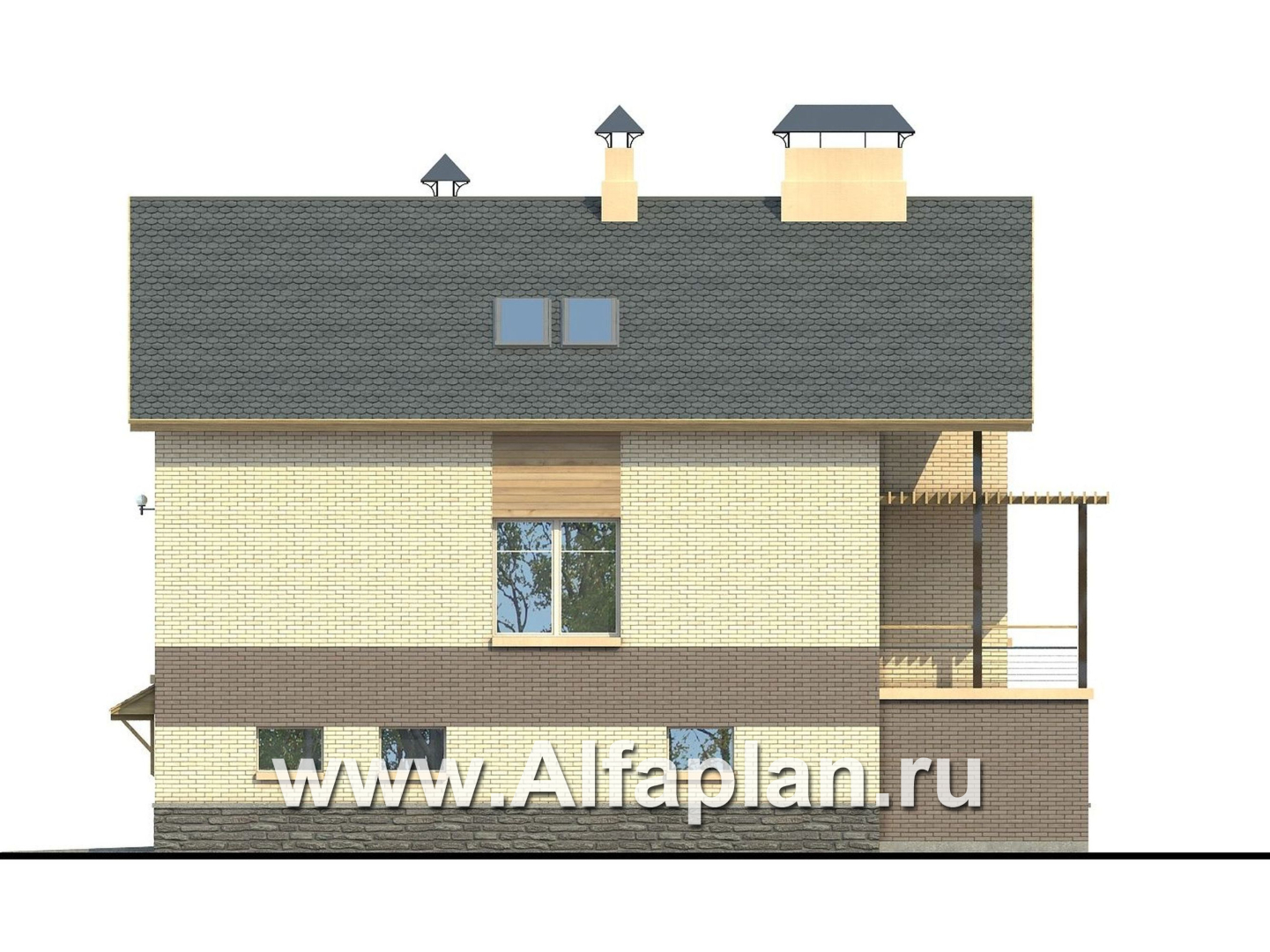Проекты домов Альфаплан - «Эврика» - проект трехэтажного дома из газобетона, с гаражом в цоколе, для узкого участка - изображение фасада №2