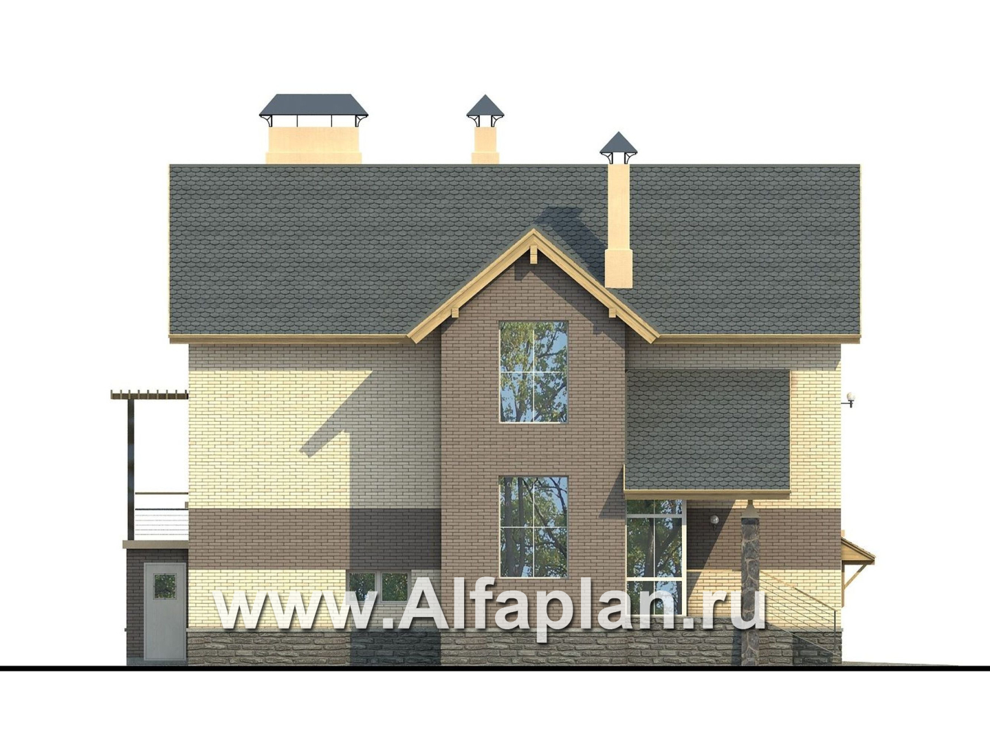 Проекты домов Альфаплан - «Эврика» - проект трехэтажного дома из газобетона, с гаражом в цоколе, для узкого участка - изображение фасада №3
