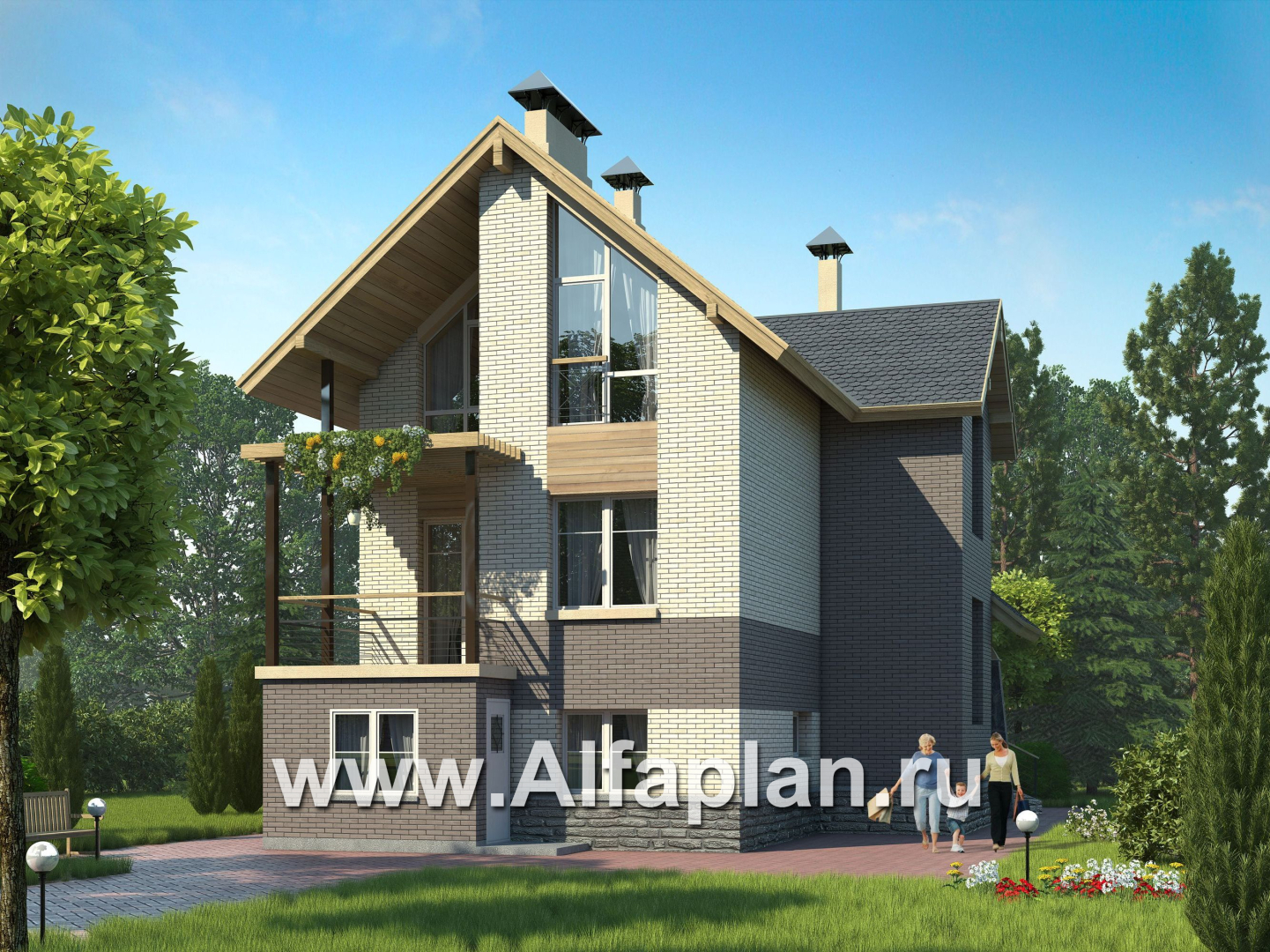 Проекты домов Альфаплан - «Эврика» - проект трехэтажного дома из газобетона, с гаражом в цоколе, для узкого участка - основное изображение