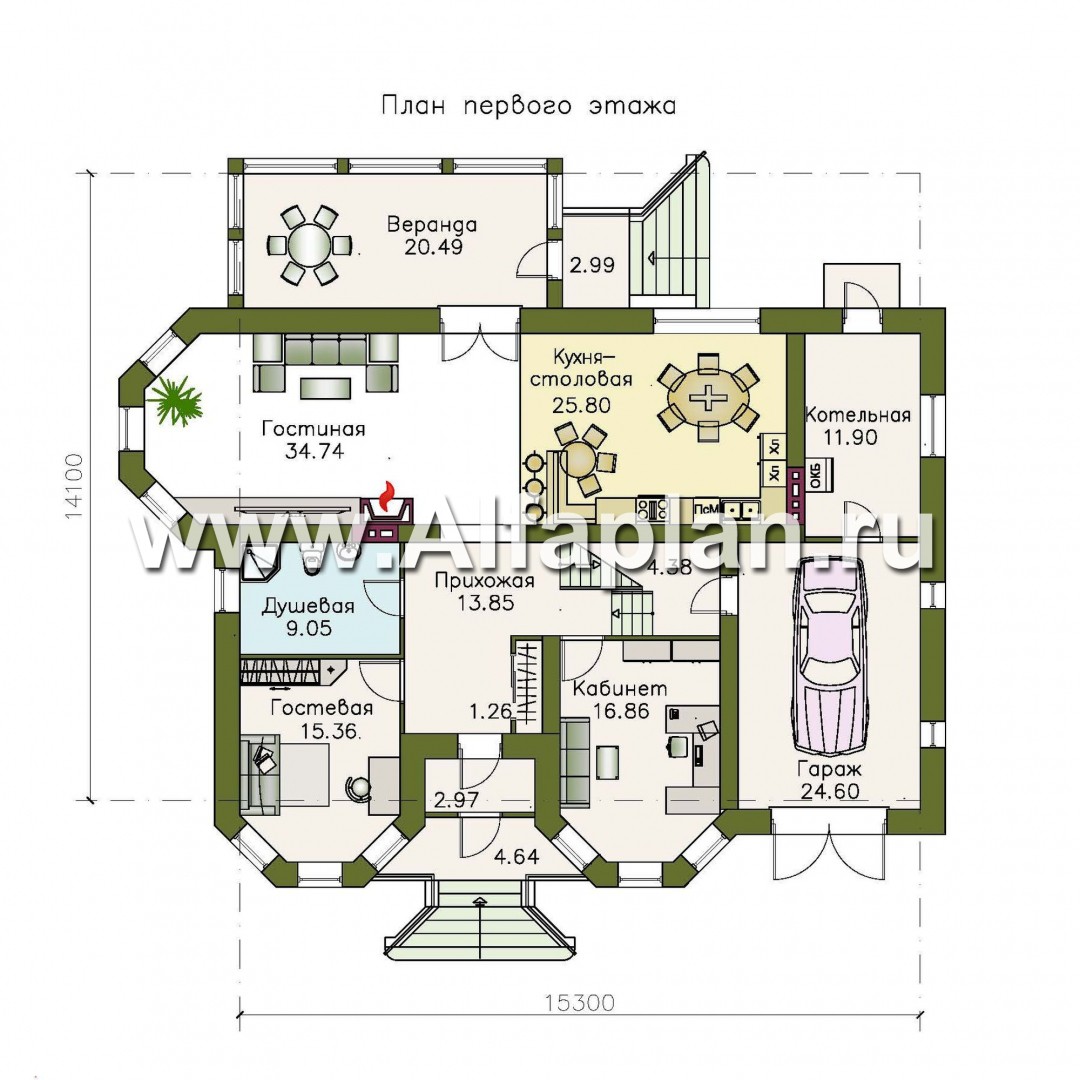 Проекты домов Альфаплан - «Амбиент» - амбиционый дом с двумя мощными эркерами - план проекта №1