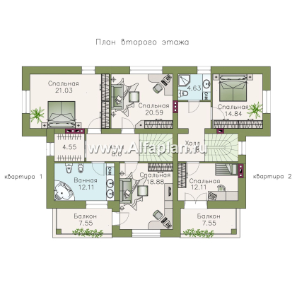 Проекты домов Альфаплан - «Родное сердце» - дом на две семьи (дуплекс) для детей и родителей - превью плана проекта №2