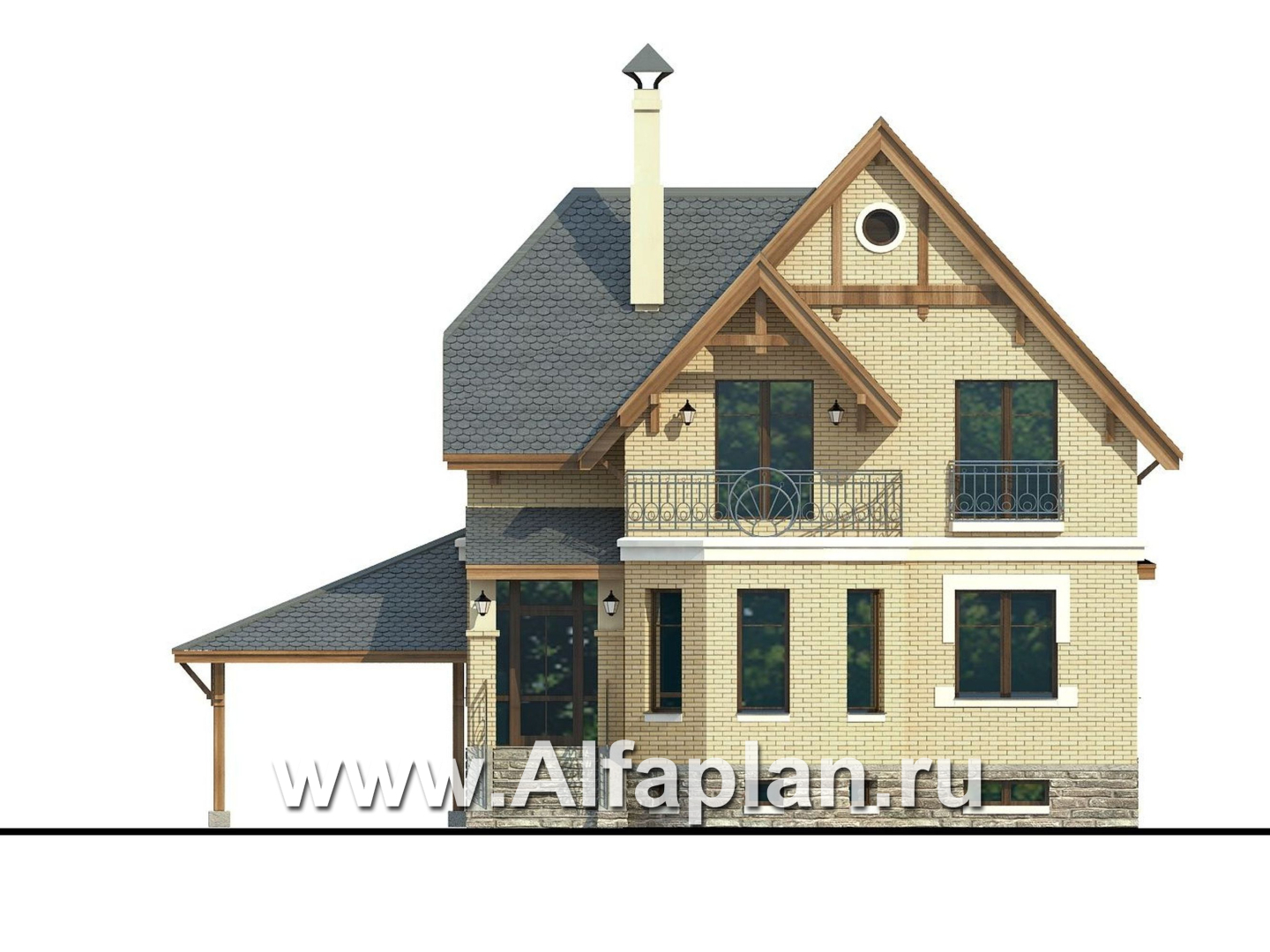 Проекты домов Альфаплан - Дом из газобетона «Шевалье плюс» с эркером, с цокольным этажом - изображение фасада №1