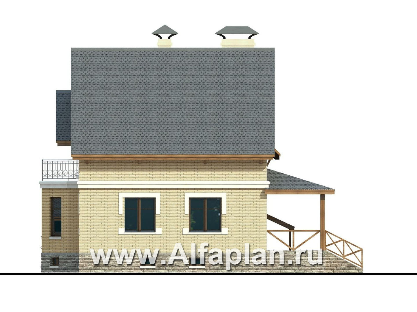 Проекты домов Альфаплан - Дом из газобетона «Шевалье плюс» с эркером, с цокольным этажом - изображение фасада №2