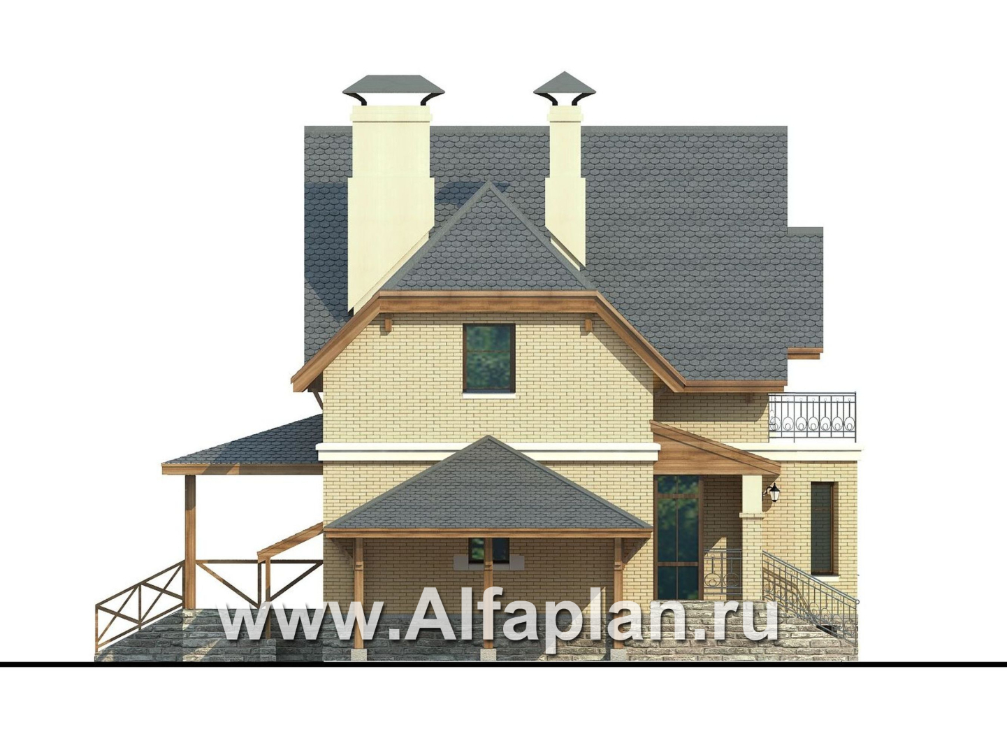 Проекты домов Альфаплан - Дом из газобетона «Шевалье плюс» с эркером, с цокольным этажом - изображение фасада №3