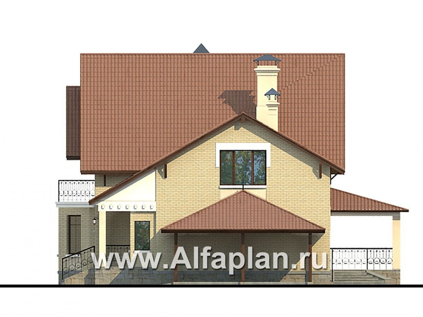 Проекты домов Альфаплан - «Золотая середина» - проект коттеджа с жилой мансардой и навесом для машин - изображение фасада №2