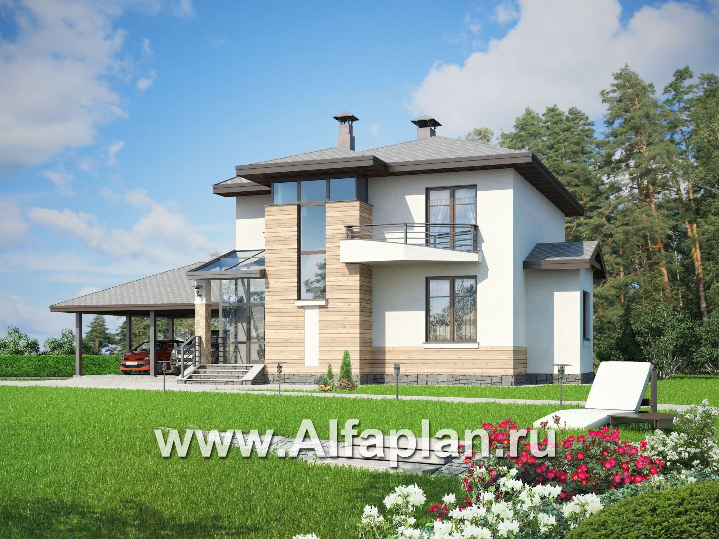 Проекты домов Альфаплан - «Тренд» - современный загородный дом с навесом для машины - основное изображение