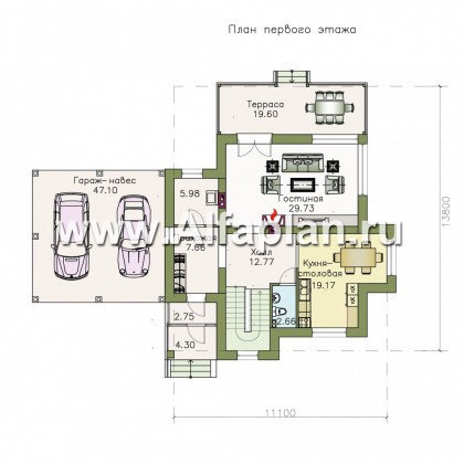Проекты домов Альфаплан - «Тренд» - современный загородный дом с навесом для машины - превью плана проекта №1