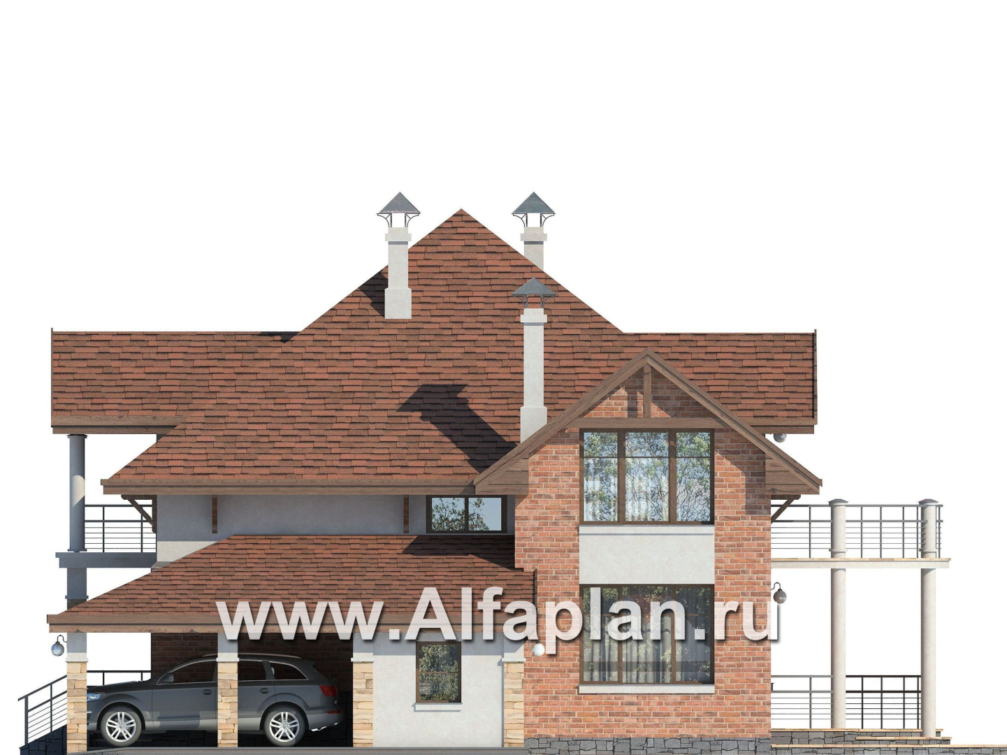 Проекты домов Альфаплан - «Брилланте» - яркий  коттедж из кирпичей с пирамидальной кровлей - изображение фасада №2