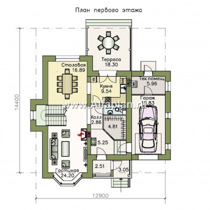 «Примавера» - проект дома с мансардой, с эркером и террасой, с гаражом на 1 авто, в английском стиле - превью план дома
